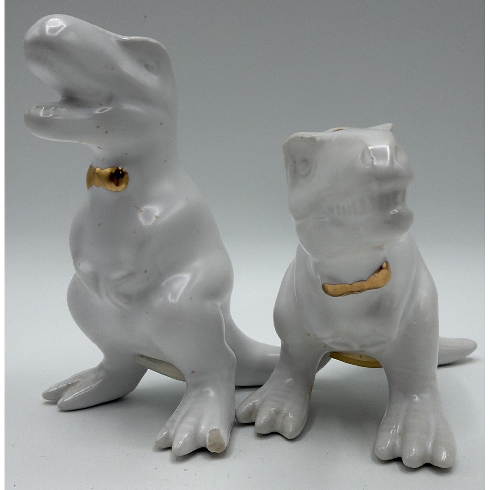 Target T-Rex Dinosaur White Ceramic Salt & Pepper Shakers Gold Bow Ties Retired.